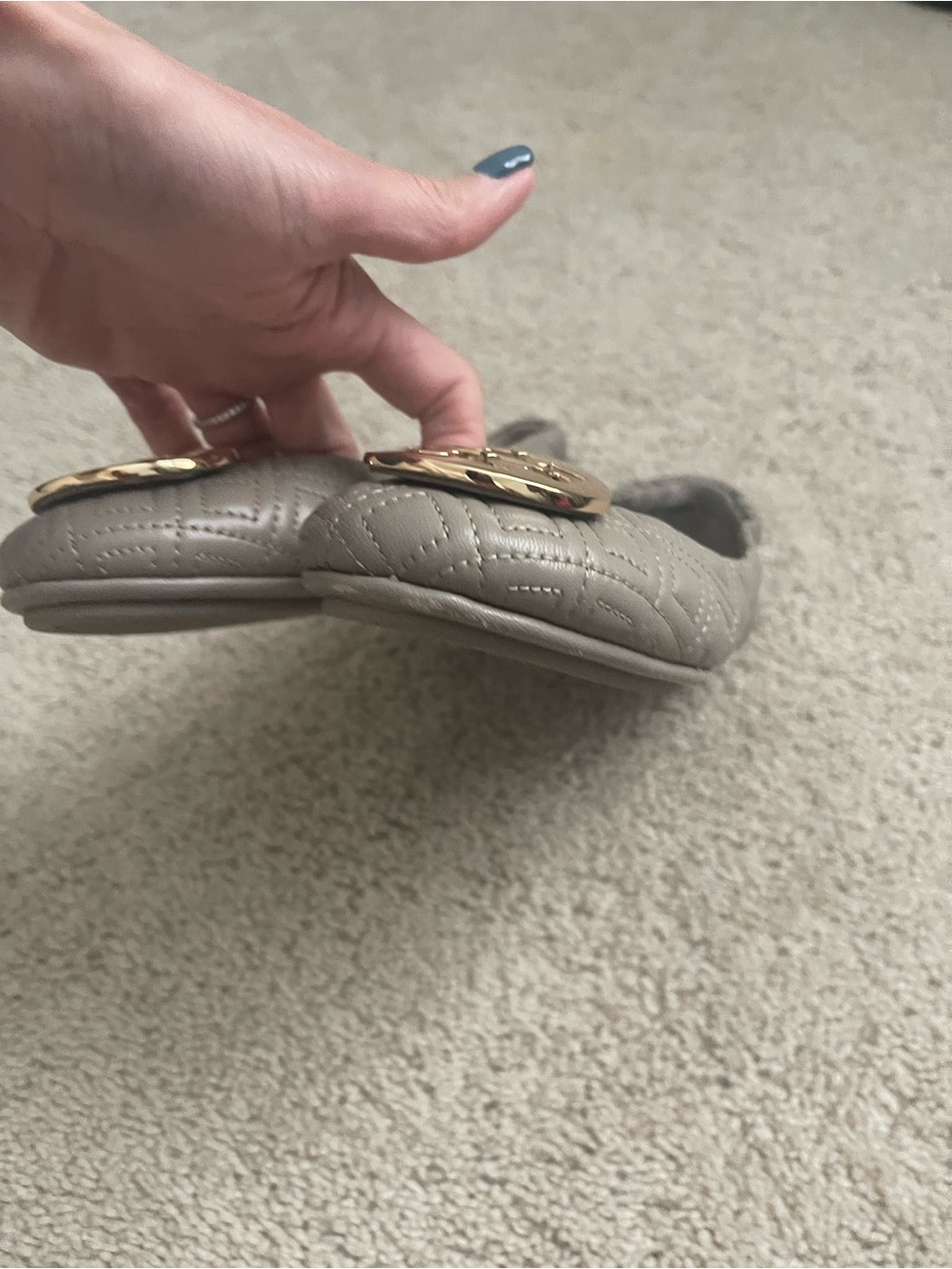 Tory Burch Quilted Gray Ballet Flats with Gold Logo Emblem - Picture 3 of 6